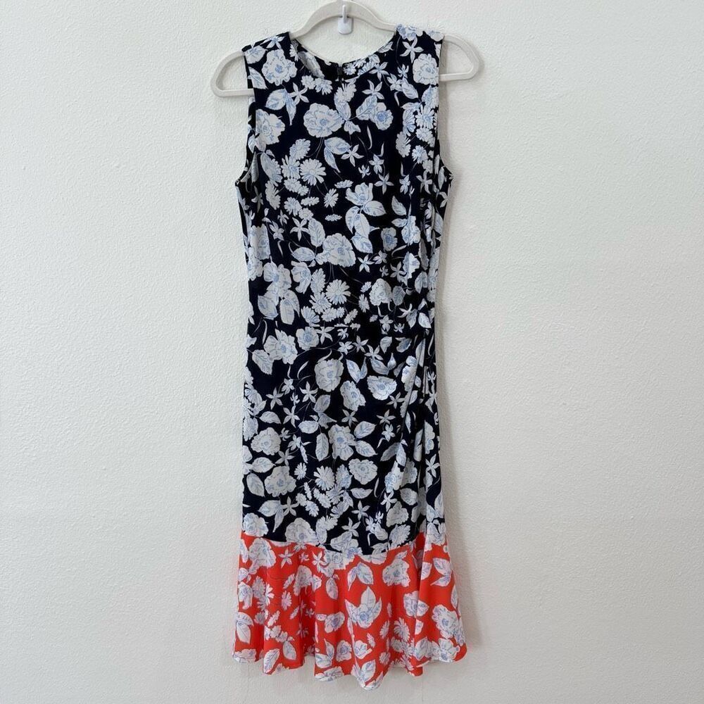 Eliza J Women 8 Jersey Two Toned Black Ruched Floral Sleeveless Knee Length Dres